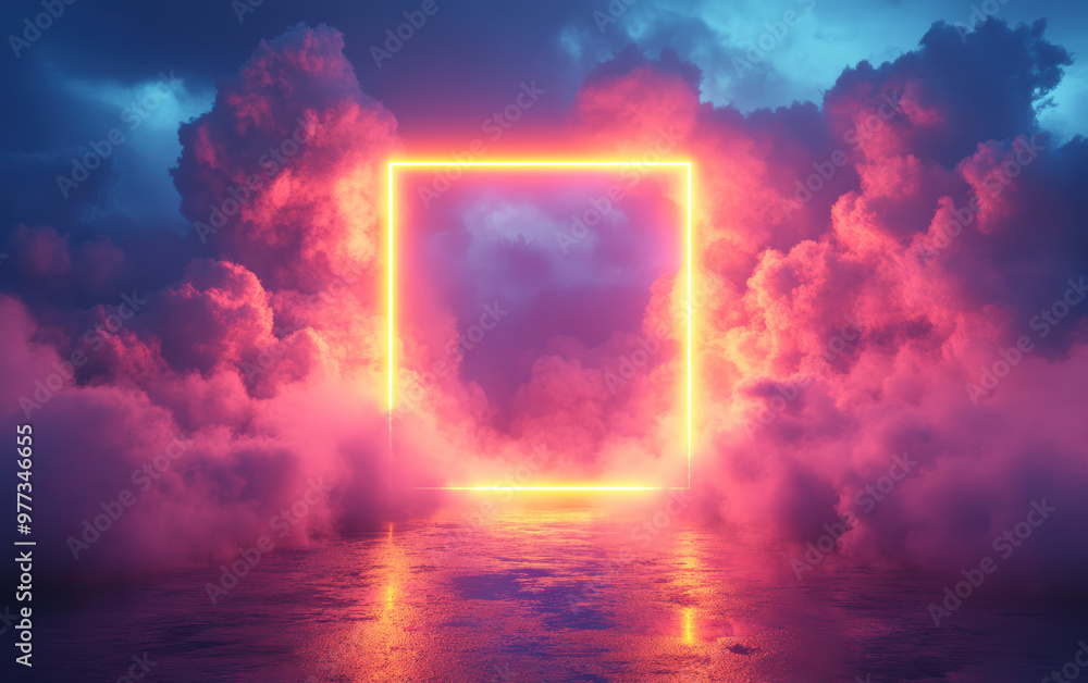 Poster glowing neon square frame in vibrant pink and blue clouds, reflecting on a wet surface, creating a s