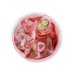 Tasty bubble tea in plastic cup on white background, top view