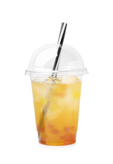 Tasty bubble tea in plastic cup isolated on white
