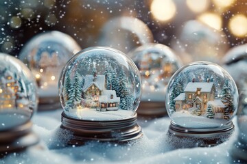 an enchanting close-up of sparkling snow globes showing different winter scenes, arranged on a snowy tabletop