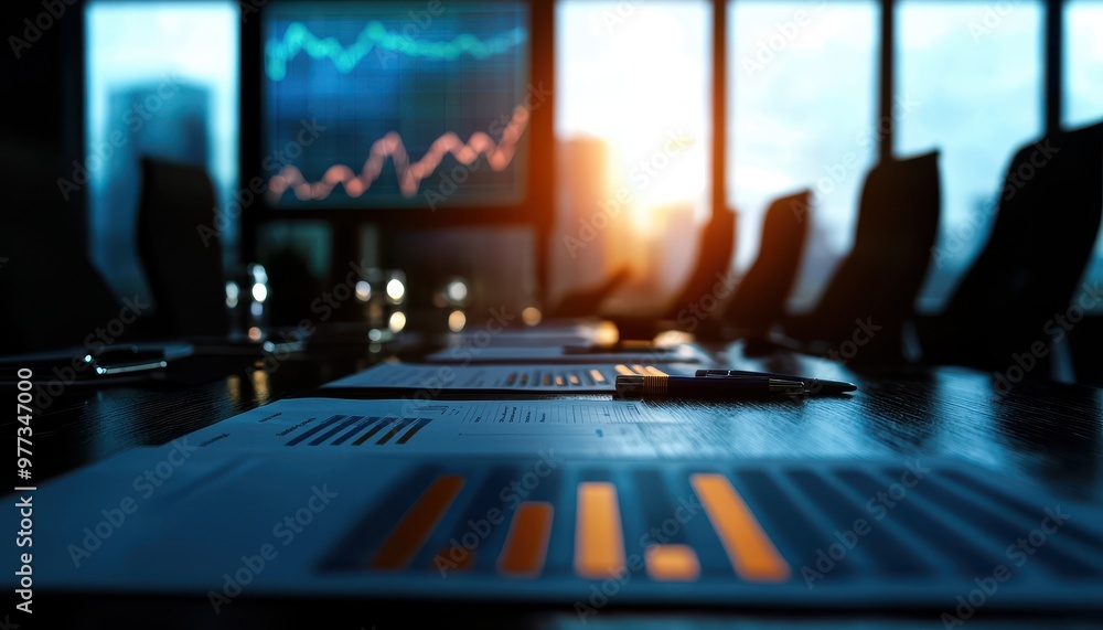 Poster a boardroom table set for a meeting, showcasing financial reports and graphs with a city skyline in 