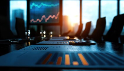 A boardroom table set for a meeting, showcasing financial reports and graphs with a city skyline in the background.