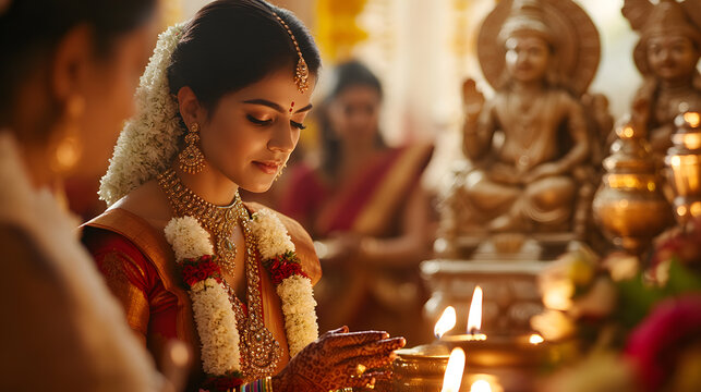 Stunning South Indian Bride in Traditional Attire: Capturing the Essence of Elegance and Cultural Richness with Beautiful Saree, Jewelry, and Bridal Makeup