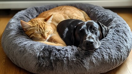 Cat and Dog in a Pet Bed: A cat and dog cuddled up in a plush pet bed, enjoying a peaceful nap.
