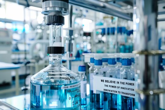 Factory conveyor belt with We the power of innovation text overlay suitable for manufacturing industry marketing materials and presentations.