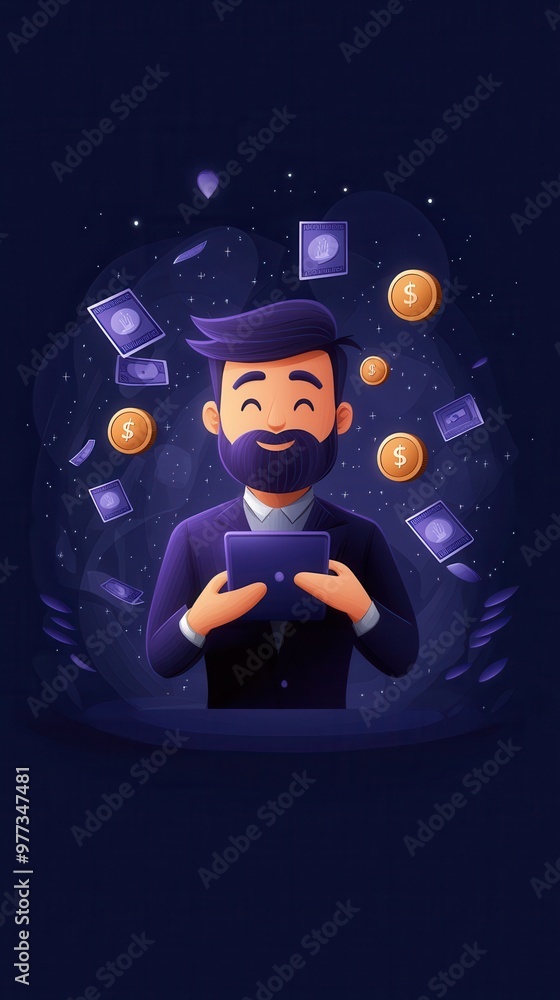 Poster a cheerful man with a beard enjoying digital finance, surrounded by floating money and digital curre