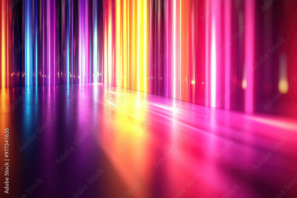 Poster vibrant abstract light trails with colorful streaks reflecting on a smooth surface, creating a dynam