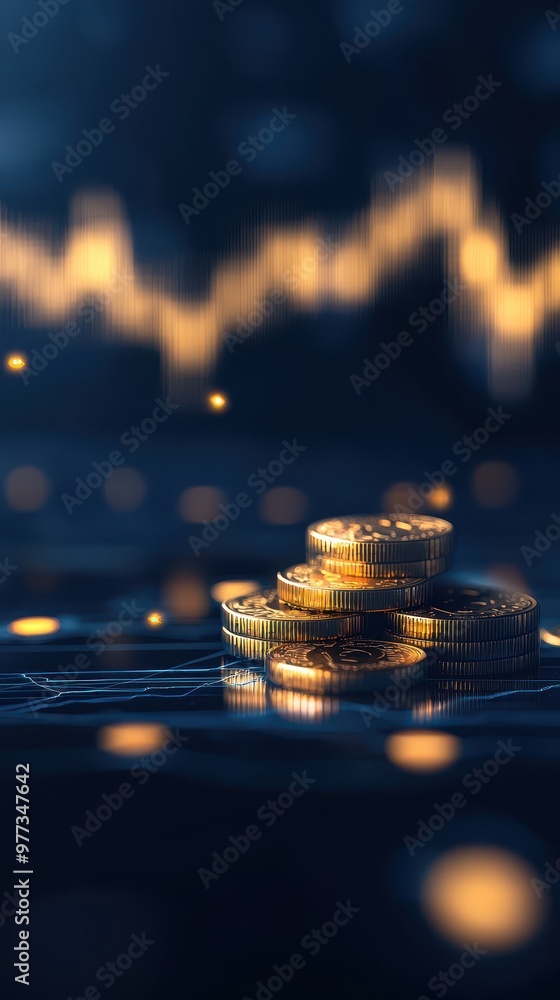 Aufkleber a close-up view of stacked coins with a blurred financial chart in the background, symbolizing inves