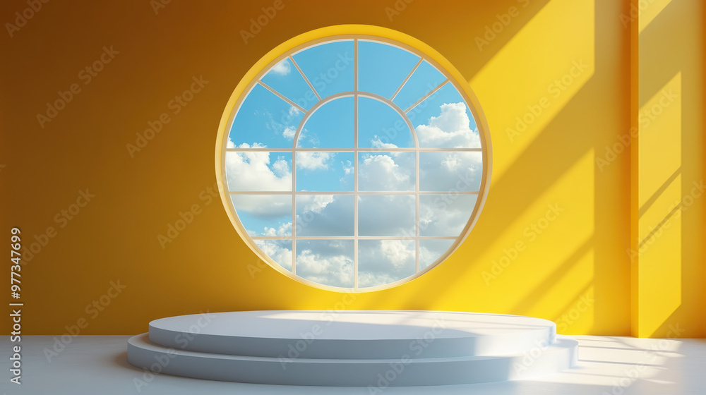 Poster minimalistic interior with a large circular window casting light on a round platform. bright and air