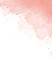Abstract pink rose blush liquid watercolor background with golden lines, dots and stains. Pastel marble alcohol ink drawing effect. watercolour texture for cards, Brushstrokes and splashes