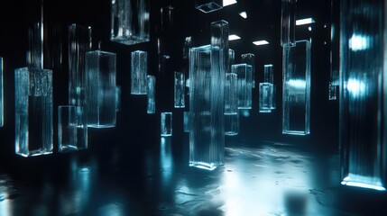Cascading 3D glass panels floating in a dark room with light bouncing off their surfaces.