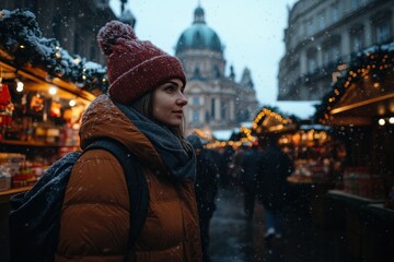A woman warmly dressed in a red winter hat examines festive market stalls under gently falling snow, surrounded by twinkling lights, embracing holiday cheer.