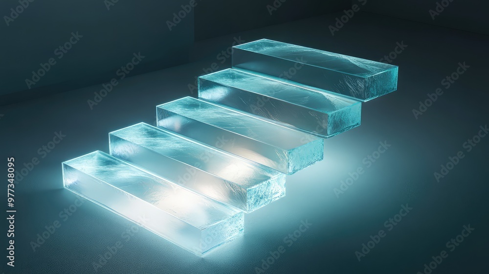 Poster cascading 3d steps made of glass, illuminated by a soft gradient light.