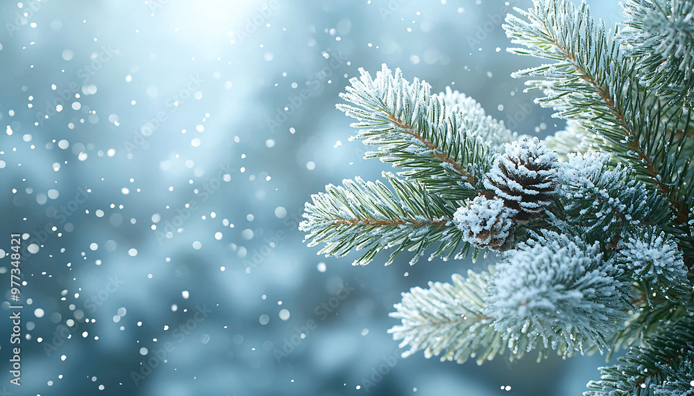 Poster snow covered pine tree branch with frost and snowflake generated by ai