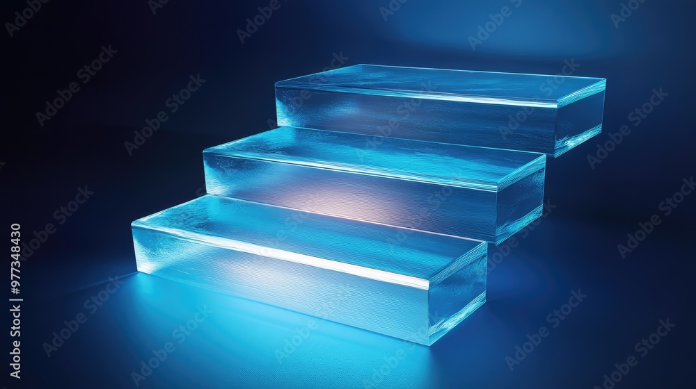 Aufkleber cascading 3d steps made of glass, illuminated by a soft gradient light.