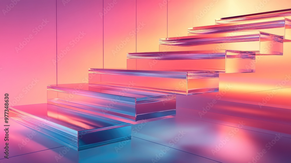 Aufkleber cascading 3d steps made of glass, illuminated by a soft gradient light.