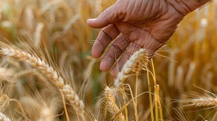 A hand gently touches a stalk of ripe wheat in a golden field.