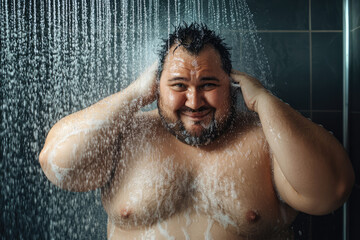 A large man smiles contentedly while enjoying a refreshing shower, conveying a sense of relaxation and well-being through water and expression.