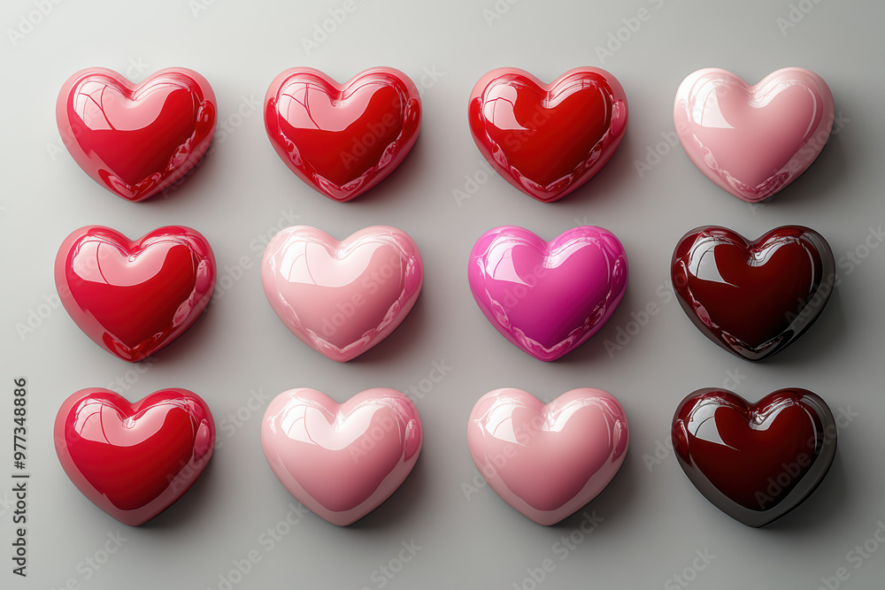 Aufkleber shiny, multicolored heart-shaped objects arranged in neat rows on a neutral background, symbolizing 