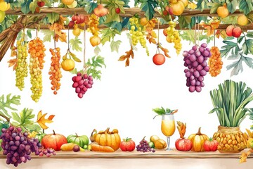 an inviting sukkot scene with a sukkah decorated with hanging fruits, vegetables, and fall-themed garlands, with a lulav and etrog placed on a table illustration