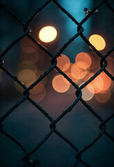 Fototapeta premium City Lights Through Chain Link Fence