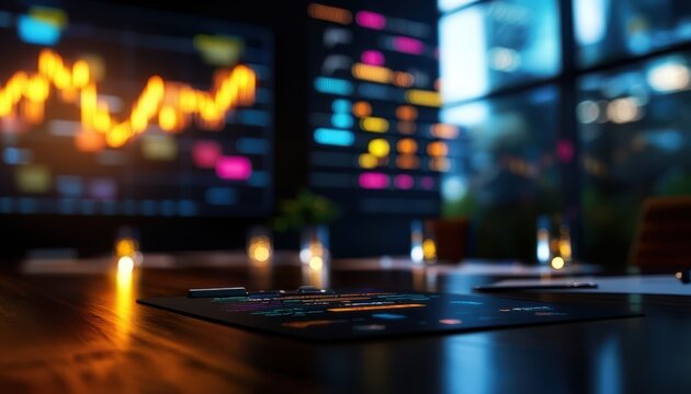A modern workspace showcasing vibrant data analysis charts and graphs, illuminated by candlelight for an engaging atmosphere.