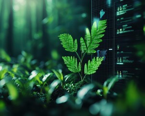 A rich green plant thrives in a digital environment, symbolizing growth and technology's harmony with nature.