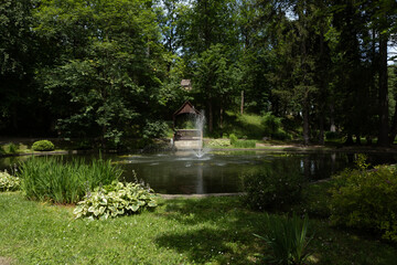 Beautiful park in Dlugopole Zdroj health resort in Klodzko Valley. Pond, fountain and wooden...