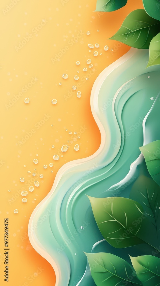 Poster a serene blend of leaves and water, creating a calming scene against a warm, orange backdrop. perfec