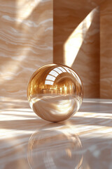 Obraz premium Golden glass sphere reflects sunlight in a luxurious marble room. Elegant and modern interior design concept with sophisticated lighting.