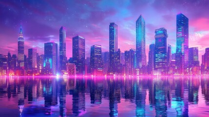 Stunning city skyline at dusk with colorful reflections in the water, showcasing modern architecture and a vibrant atmosphere.