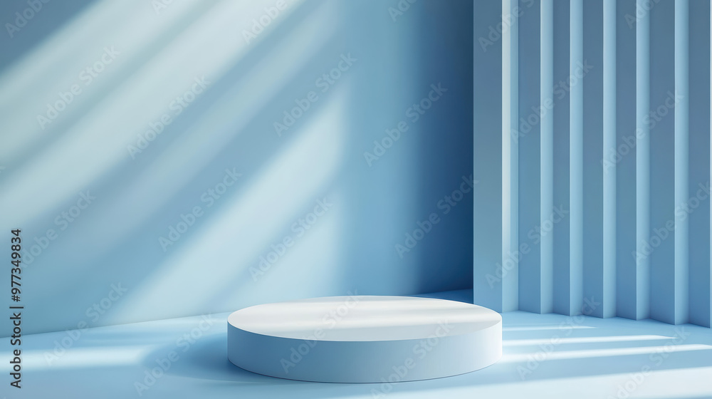 Poster minimalist blue background with soft lighting and a round podium. ideal for showcasing products or d