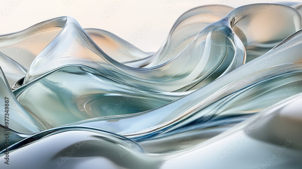 Poster cascading waves of translucent glass gently folding over each other in an abstract motion.