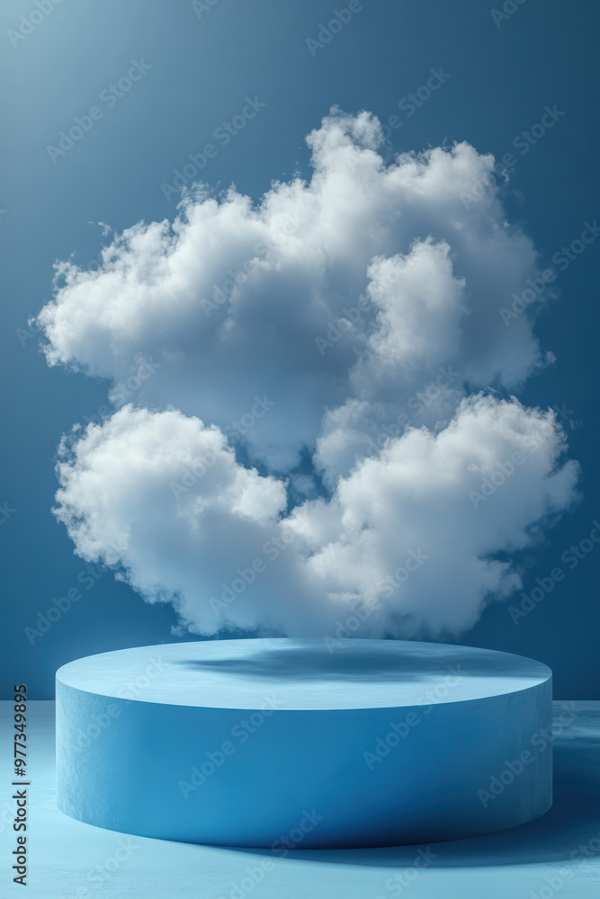 Poster surreal image of fluffy clouds floating above a blue podium in a minimalist setting, creating a calm