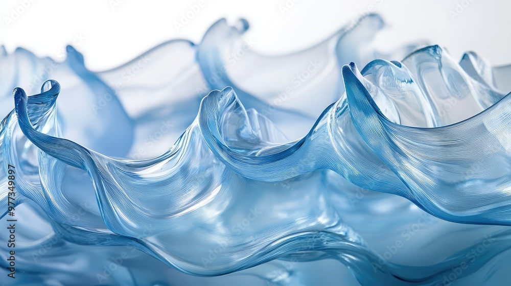 Poster cascading waves of translucent glass gently folding over each other in an abstract motion.