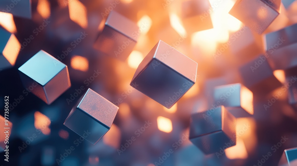 Poster floating geometric shapes forming a 3d puzzle in space, each reflecting light differently.