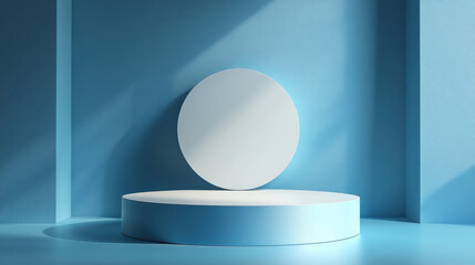 Minimalist blue-themed abstract scene featuring a floating circular shape and platform, showcasing symmetry and modern design aesthetics.