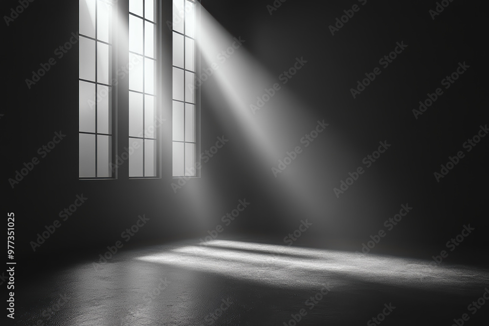 Poster sunlight streams through tall windows into a dimly lit room, casting long shadows on the smooth floo