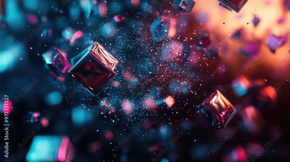 Aufkleber floating geometric shapes gradually disintegrating into soft, glowing particles.