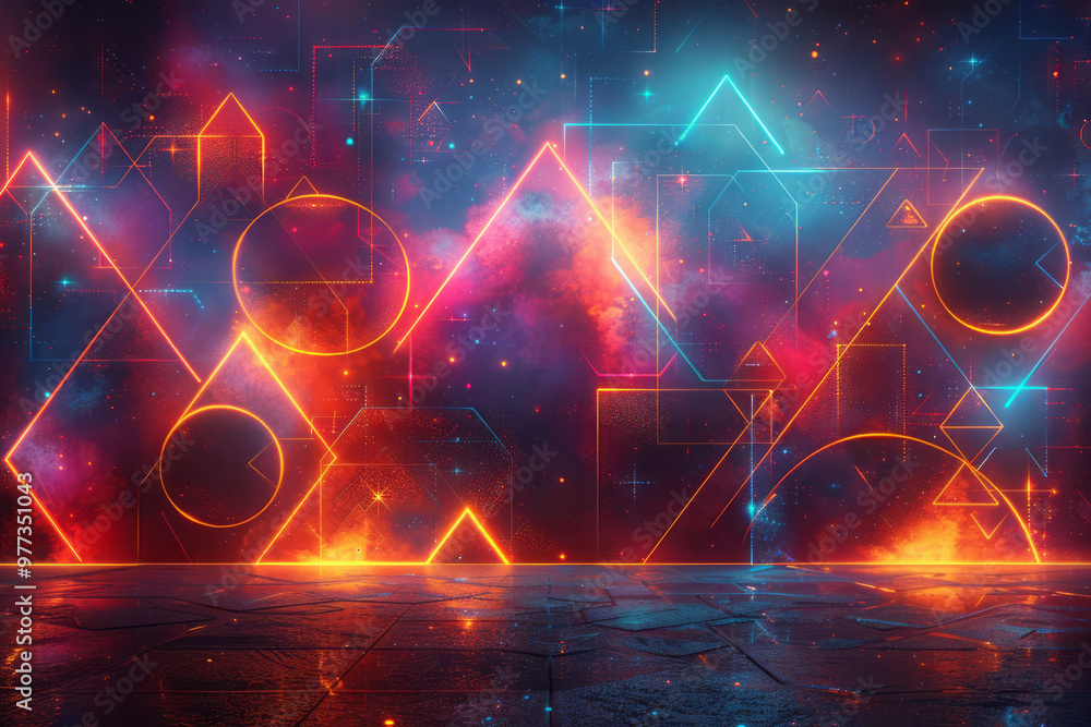 Poster a collection of interlocking geometric shapes, such as circles, triangles, and hexagons, l