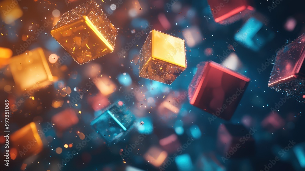 Aufkleber floating geometric shapes gradually disintegrating into soft, glowing particles.