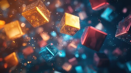 Floating geometric shapes gradually disintegrating into soft, glowing particles.