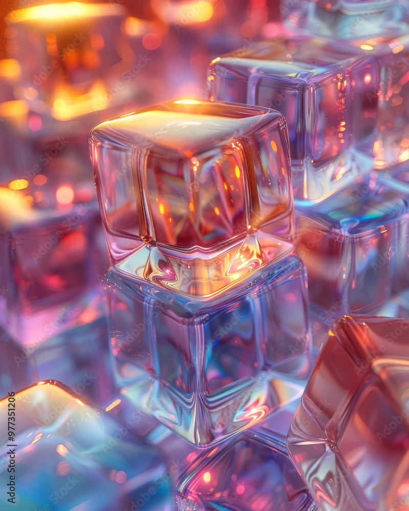 Aufkleber an abstract 3d cluster of glass-like orbs and cubes, reflecting light in various directions,
