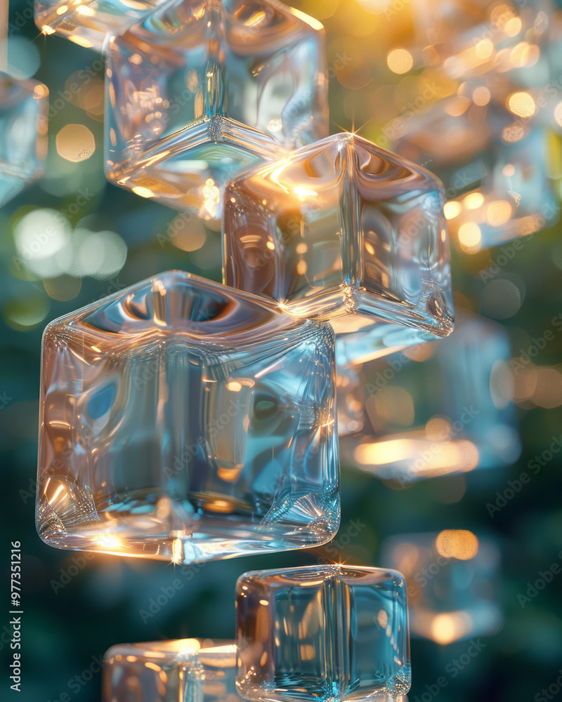Aufkleber an abstract 3d cluster of glass-like orbs and cubes, reflecting light in various directions,