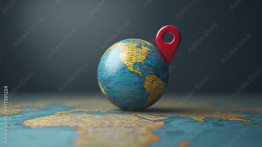 Poster colorful globe with map pin symbolizes global positioning and navigation. ideal for concepts of trav