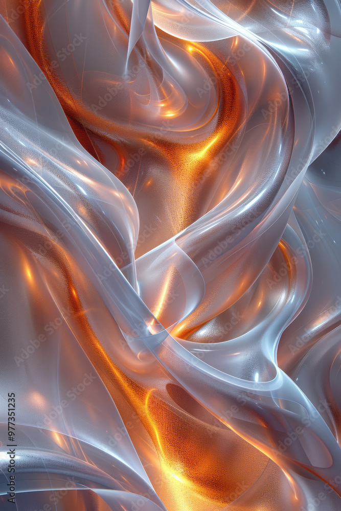 Poster An abstract digital artwork featuring a series of overlapping fluid shapes with metallic textures,