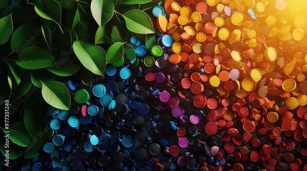 Poster A vibrant array of colors blending together with lush green leaves, creating a stunning natural and artistic composition.