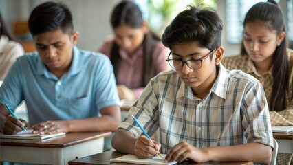Indian Teenagers Exam Class – Teenagers sitting for an exam in a school setting.
