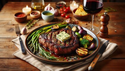 A plate of perfectly grilled steak with herb butter melting on top, served with roasted vegetables and a glass of red wine