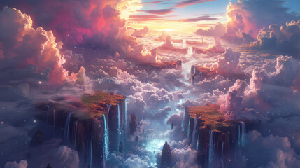 A surreal abstract landscape with floating islands and twisted rock formations,